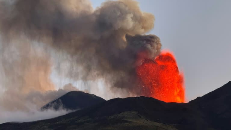 A picture shows the eruption of the Mount Etna volcano on July 5, 2024 in Sicily. Catania airport in Sicily announced its closure today due to an eruption of Mount Etna, the largest active volcano in Europe, whose ashes fell on the airspace and the surrounding area. (Giuseppe Distefano)