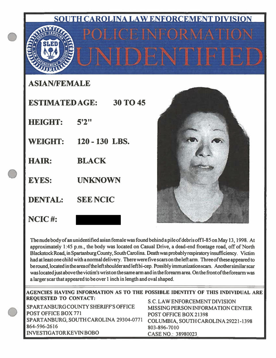 Myoung Hwa Cho is shown on a poster provided by the Spartanburg County, South Carolina, Sheriff's Office. More than 20 years after the bodies of Myoung Hwa Cho, and a 10-year-old boy were found 215 miles apart in separate states beside Interstate 85, investigators now say they were a mother and son and the boy's father has confessed to killing them. (Spartanburg County, South Carolina, Sheriff's Office via AP)