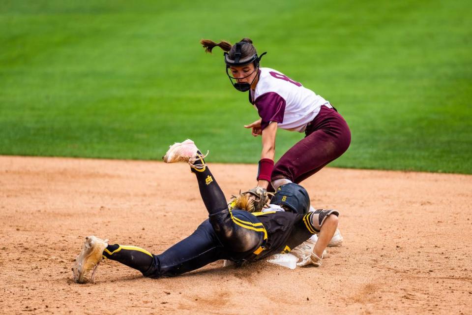 Championship game MVP Makenzie Mounts of Corpus Christi Calallen applies a tag at second base against Liberty in the Class 4A state title game on Saturday, June 3, 2023 at McCombs Field in Austin, TX. Matthew Smith