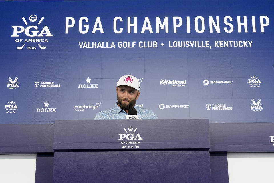 Jon Rahm, of Spain, speaks during a news conference during the PGA Championship golf tournament at the Valhalla Golf Club, Tuesday, May 14, 2024, in Louisville, Ky. (AP Photo/Sue Ogrocki)