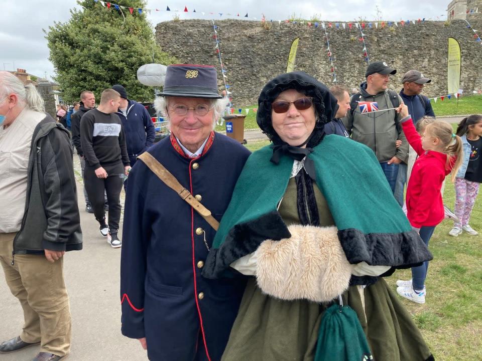 Peter Sales and Jane Matthews in Dickensian period dress at the Rochester Dickens Festival marking the Platinum Jubilee on June 4, 2022