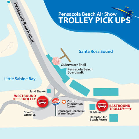 This map shows where each trolley service will run during the Pensacola Beach Air Show.