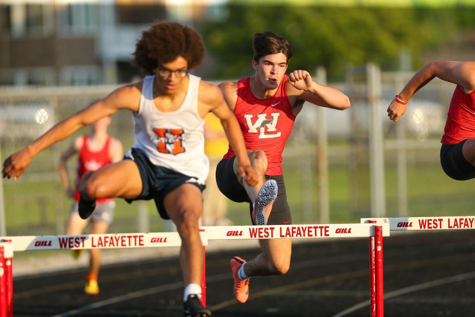 Brice Rider (12), West Lafayette High School, battles for first place in the 300 Meter Hurdles at the 2022 IHSAA Boys Track and Field Sectional at West Lafayette Athletic Complex, on May 19, 2022, in West Lafayette.