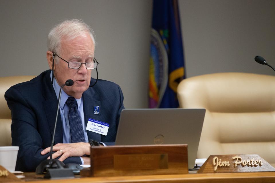 Jim Porter, chairman of the Kansas Board of Education, makes opening remarks during Friday's special meeting.