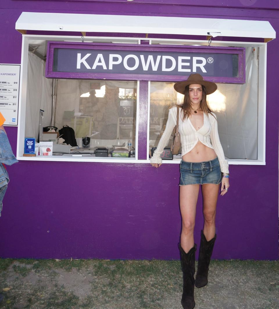 Model Valentina Ferrer joins the KAPOWDER x OAKBERRY pop-up at the Coachella Valley Music and Arts Festival on April 13, 2024.