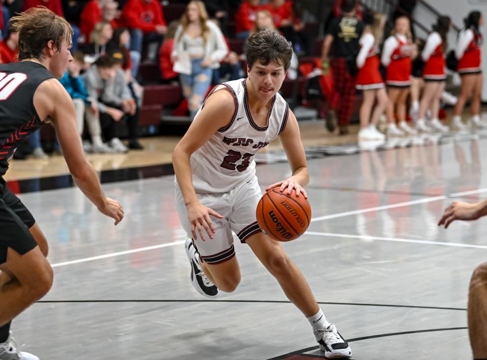 Wes-Del boys basketball's Gabe Becerra in his team's 62-22 loss against Wapahani at Wes-Del High School on Friday, Dec. 15, 2023.