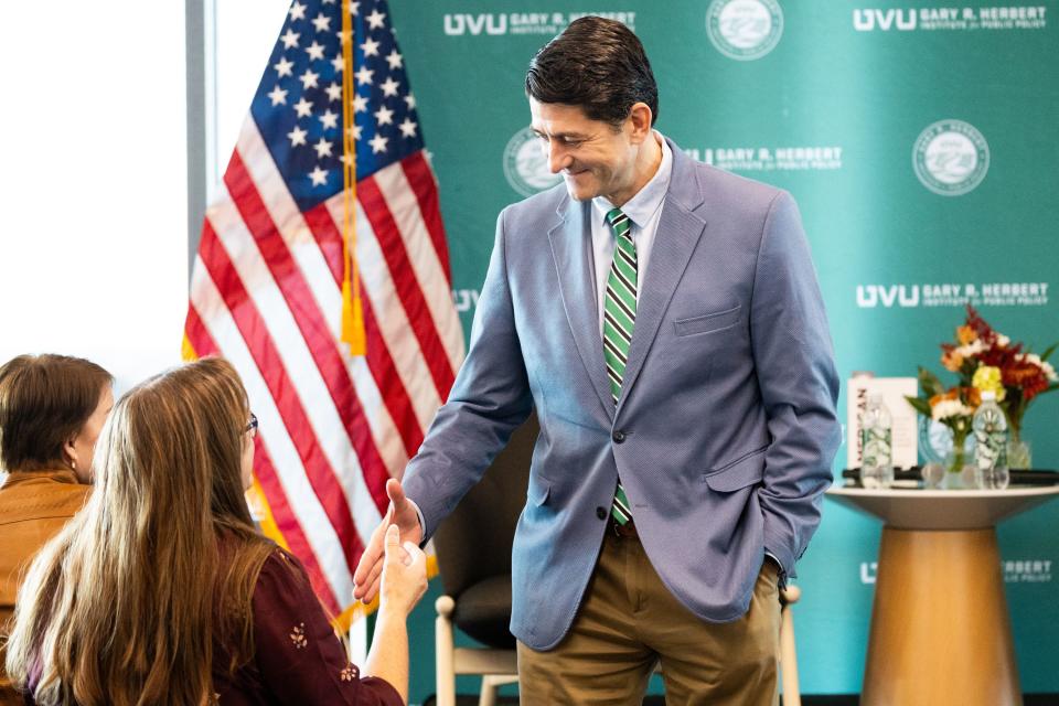 Paul Ryan, a former U.S. House speaker and the 2012 Republican vice presidential candidate, shakes hands with Maryann Jones after a fireside chat hosted by the Gary R. Herbert Institute for Public Policy at Utah Valley University in Orem on Thursday, Oct. 5, 2023. | Megan Nielsen, Deseret News
