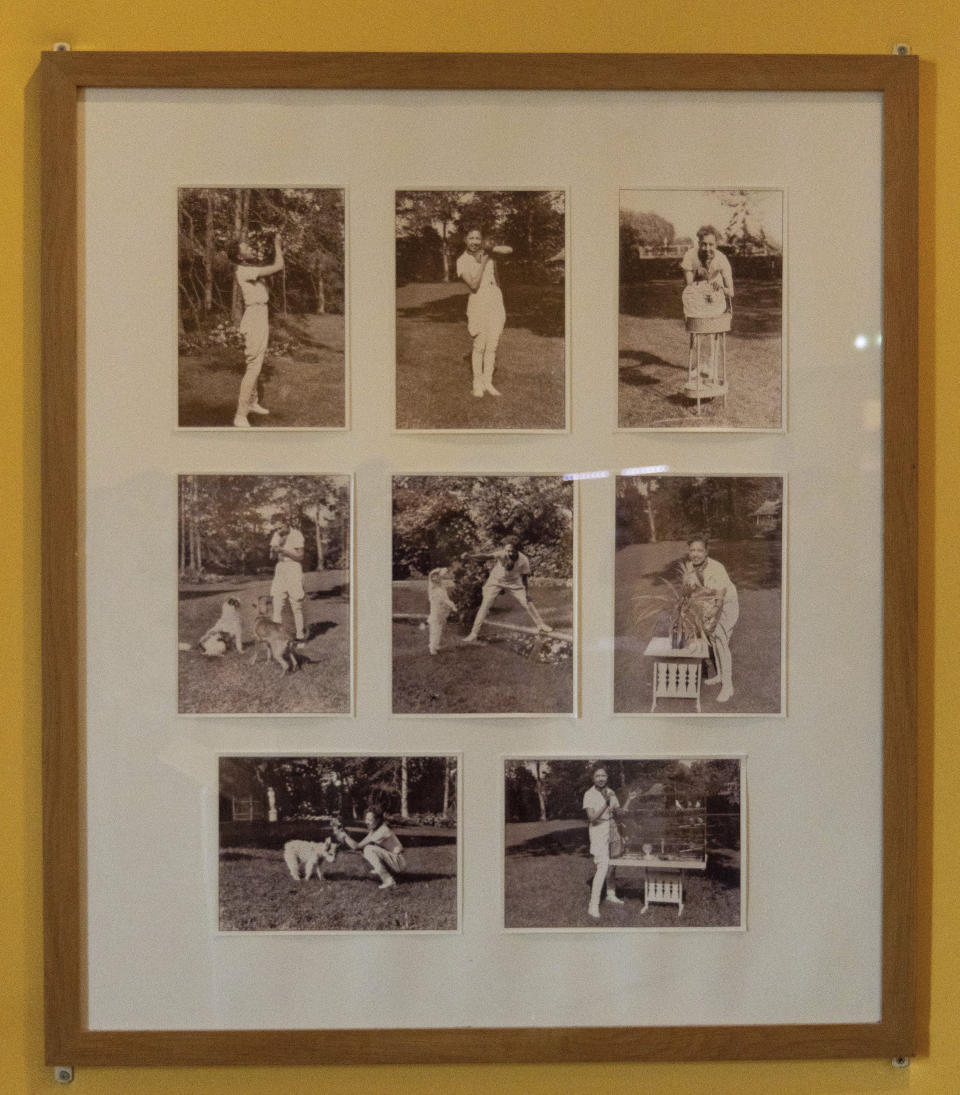 A frame with several photos of Josephine Baker is displayed in the Chateau des Milandes, Josephine Baker's former house, in Castelnaud-la-Chapelle, central France, Thursday, Nov. 11, 2021. France is inducting Josephine Baker – Missouri-born cabaret dancer, French Resistance fighter and civil rights leader – into its Pantheon, the first Black woman honored in the final resting place of France's most revered luminaries. (AP Photo/Yohan Bonnet)