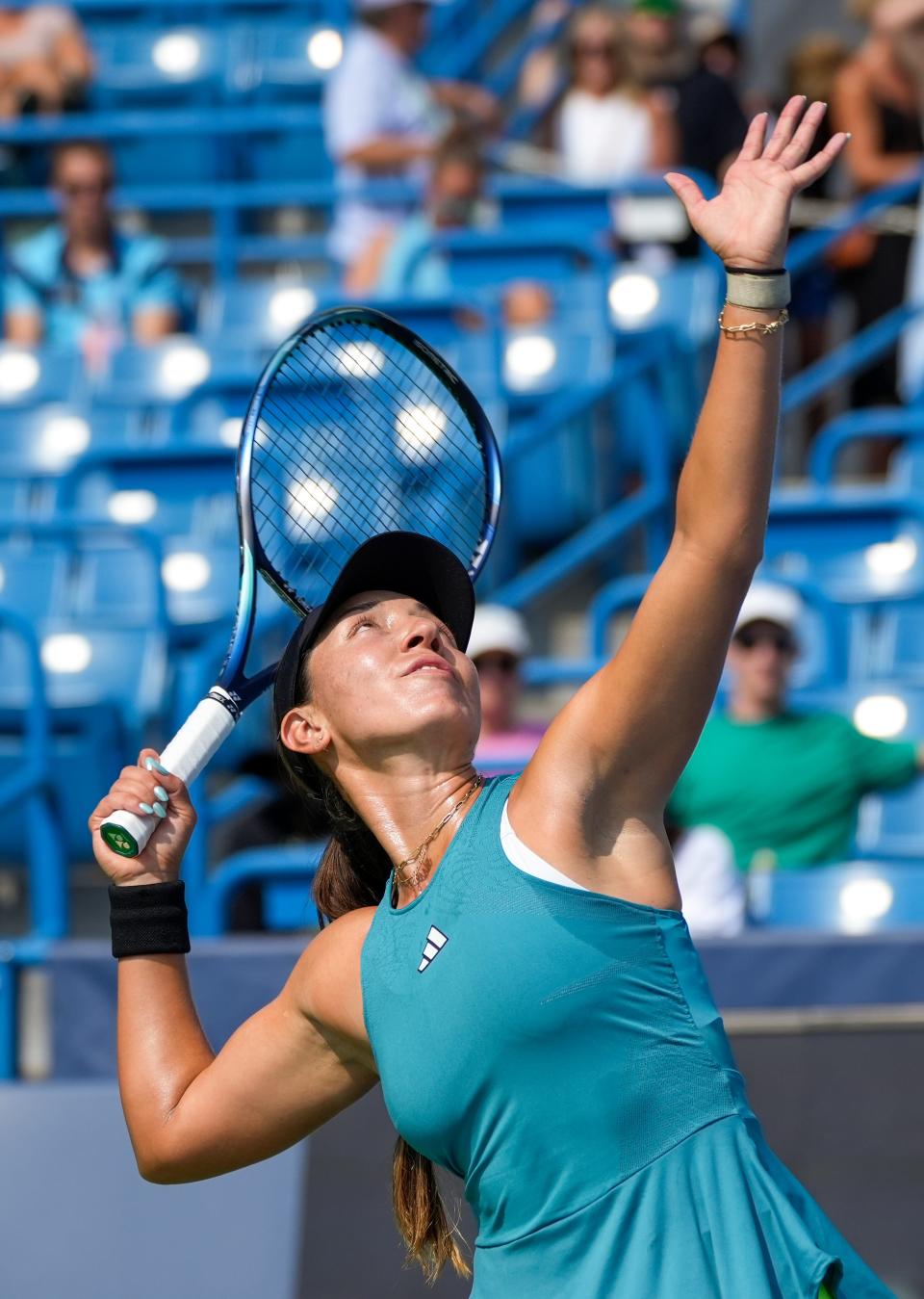 Jessica Pegula, of the United States, serves the ball to Martina Trevisan, of Italy, during the Western & Southern Open at the Lindner Family Tennis Center in Mason on Wednesday, Aug. 16, 2023.