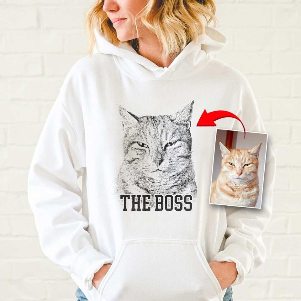 Model wearing a Pet Picture Custom Sweatshirt on a tan background