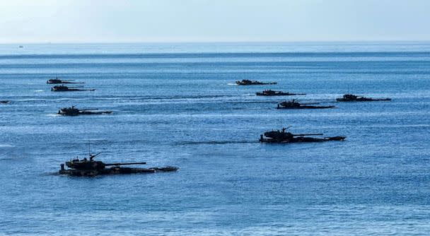 PHOTO: The PLA Navy and the PLA Army conduct a cross-day and all-factor live-fire red-blue confrontation drill in Zhangzhou City, Fujian Province, China, Aug 24, 2022. (Future Publishing via Getty Images, FILE)