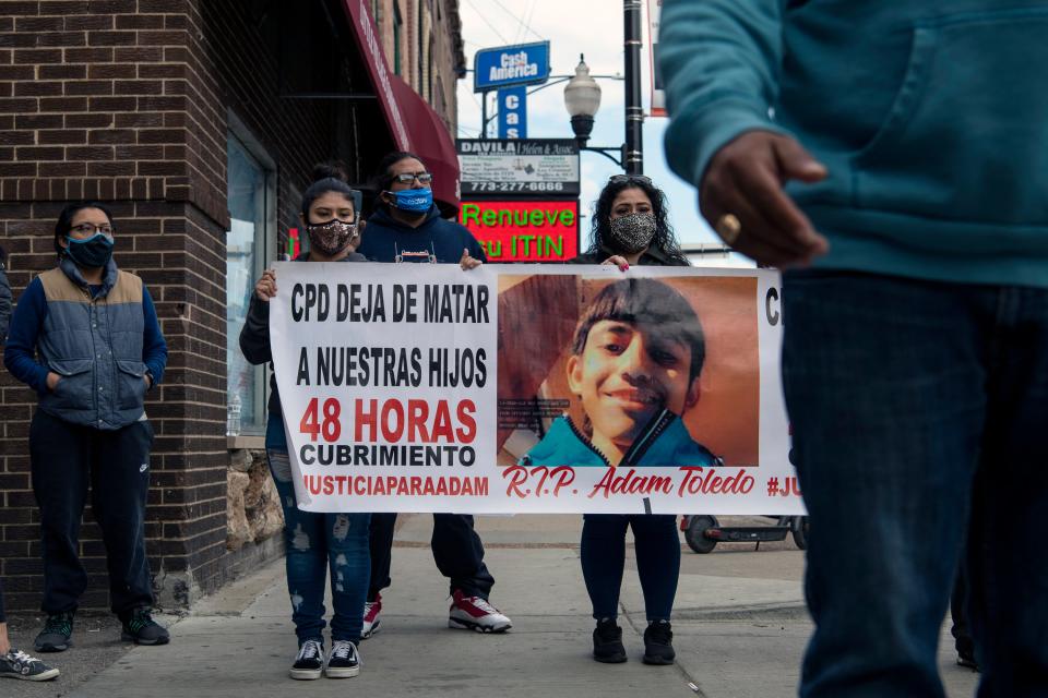 A rally on 26th St. after the body camera footage of Chicago police killing Adam Toledo was releasedAP