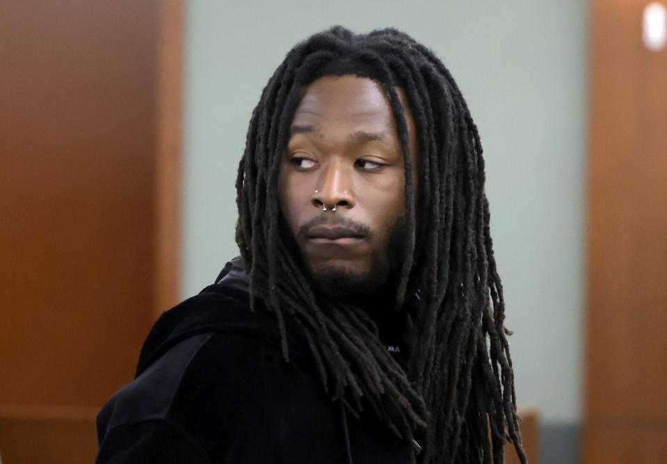 New Orleans Saints running back Alvin Kamara appears in Clark County District Court in Las Vegas for his initial arraignment on Thursday.