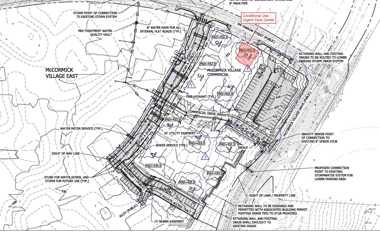 A project's site plan submitted to the City of Port Orchard show the location of a proposed 3000-square-foot urgent care clinic at McCormick Village's commercial area.