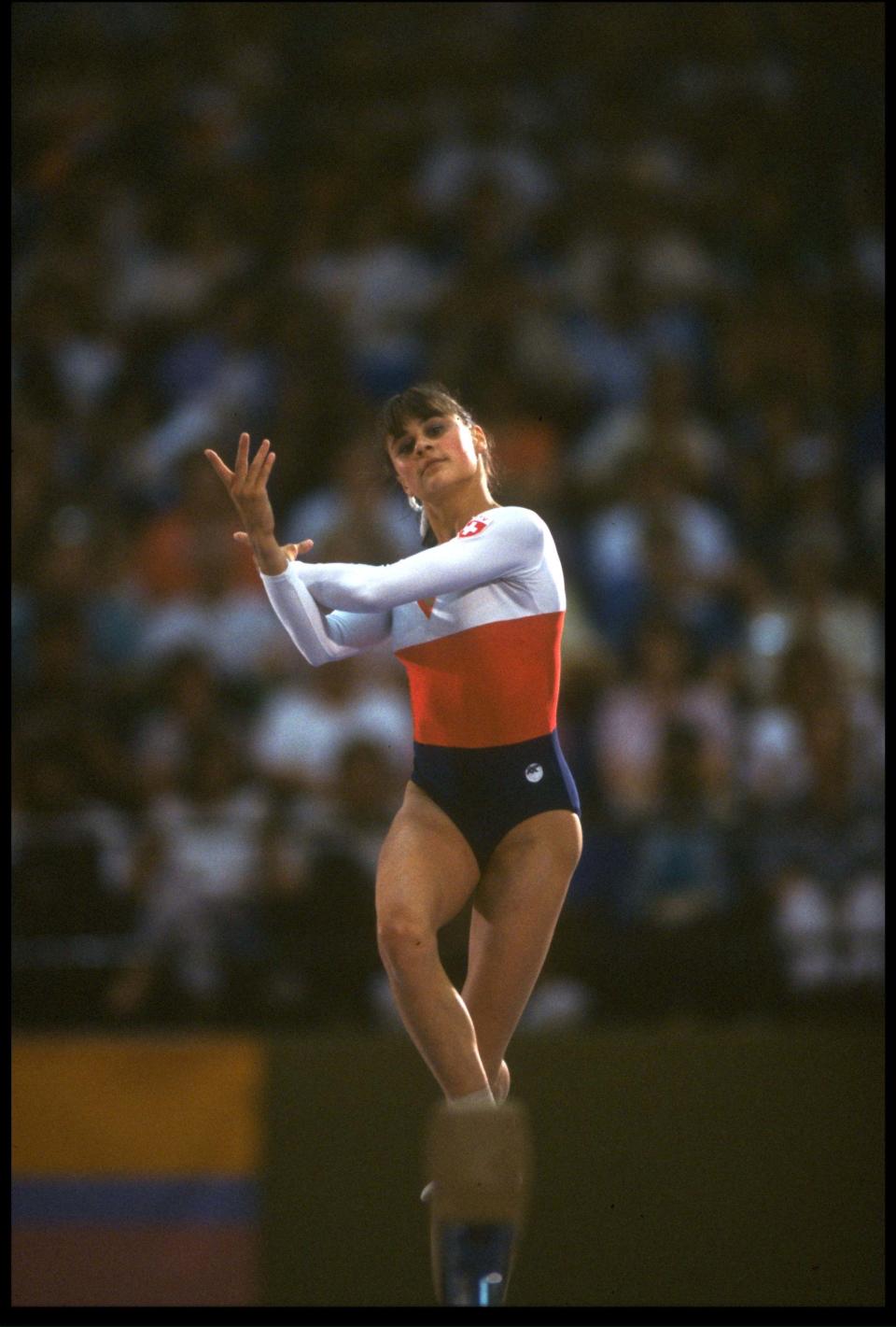 5 AUG 1984: ROMI KESSLER OF SWITZERLAND IN ACTION DURING HER ROUTINE ON THE BALANCE BEAM AT THE 1984 LOS ANGELES OLYMPICS. KESSLER FINISHED IN 6TH PLACE WITH A SCORE OF 19.35.