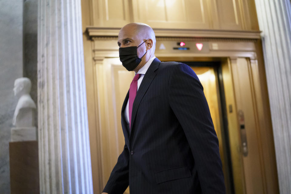 Sen. Cory Booker, D-N.J., arrives at the Senate chamber at the Capitol in Washington, Wednesday, Sept. 22, 2021, after bipartisan congressional talks on overhauling policing practices ended without an agreement. (AP Photo/J. Scott Applewhite)