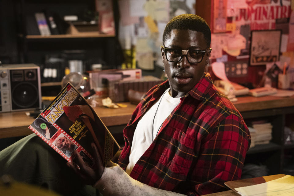 This image released by A24 shows Moses Sumney in a scene from "MaXXXine." (Justin Lubin/A24 via AP)