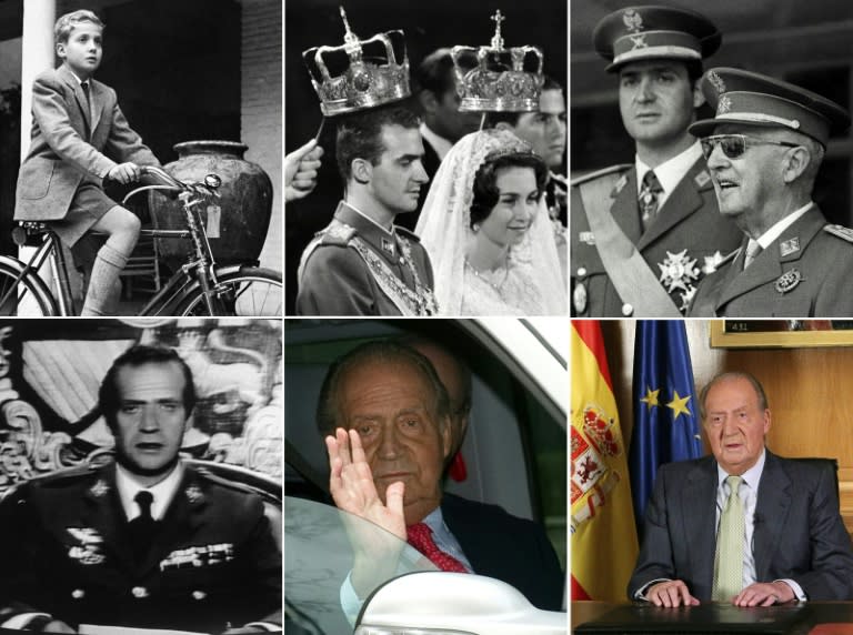 (Arriba) Retratos del rey Juan Carlos I en una bicicleta en 1953, con su esposa la reina Sofía en 1962 (c), junto al dictador Francisco Franco en 1971 (d), (Abajo) durante un mensaje a la nación en 1981, al salir del hospital después de una polémica partida da caza y en un mensaje a la nación después de abdicar