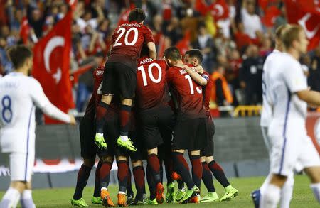 Football Soccer - Turkey v Finland - 2018 World Cup Qualifying European Zone - Antalya Arena, Antalya, Turkey - 24/3/17 Turkey's players celebrate their second goal against Finland. REUTERS/Murad Sezer