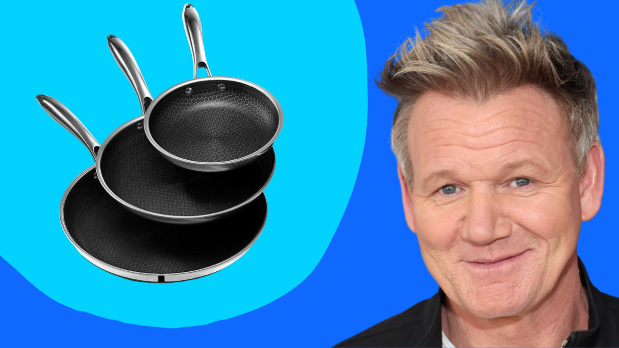 Three HexClad frying pans next to a photo of Gordon Ramsay, all on a blue background