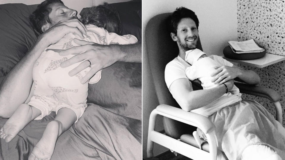 Romain Grosjean is seen here nursing his children.