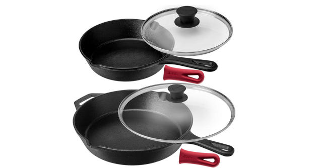 Cuisinel cast iron cookware 6-pc set - 10+12 skillet + glass lids +