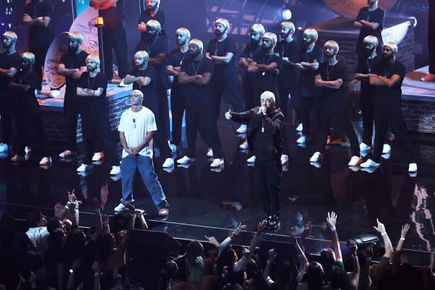 Eminem (center R) performs on stage during the 2024 MTV Video Music Awards - Credit: Arturo Holmes/Getty Images