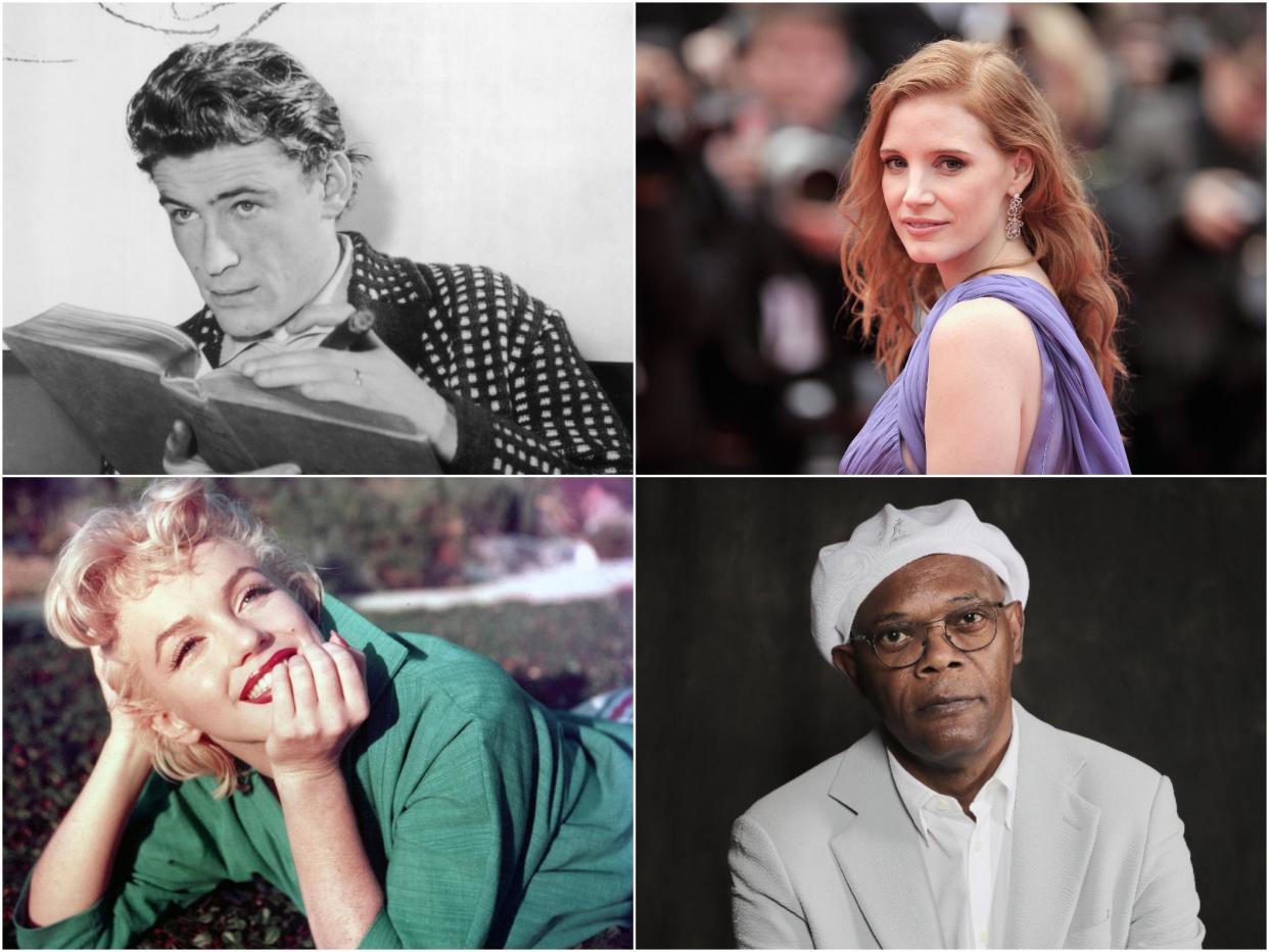 En el sentido de las agujas del reloj desde la parte superior izquierda: Peter O'Toole, Jessica Chastain, Samuel L Jackson, Marilyn Monroe (Getty Images)