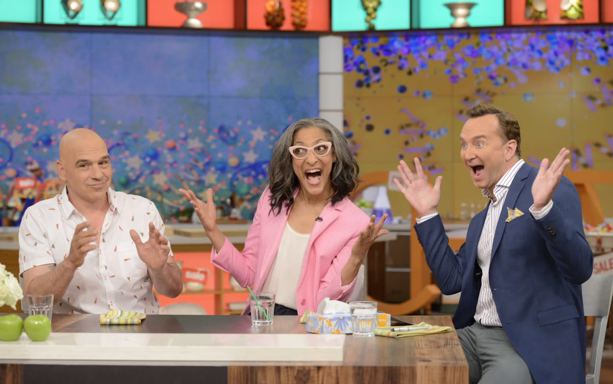 Michael Symon, Carla Hall and Clinton Kelly at a taping of the final episode of "The Chew," which aired from September 2011 to June 2018<p>Lorenzo Bevilaqua/Disney General Entertainment Content via Getty Images</p>
