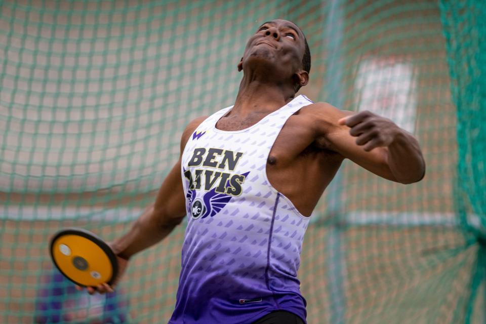 Ben Davis High School senior Antoine Cooper, Jr., complete in the boys’ discus throw during a Metropolitan Interscholastic Conference Track and Field Championship meet, Friday, April 29, 2022, at Pike High School.