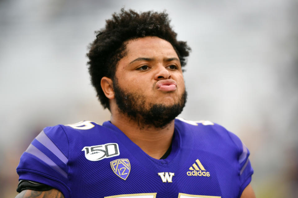 Washington C Nick Harris hasn't boosted his 2020 NFL draft stock in the Senior Bowl practices. (Photo by Alika Jenner/Getty Images)