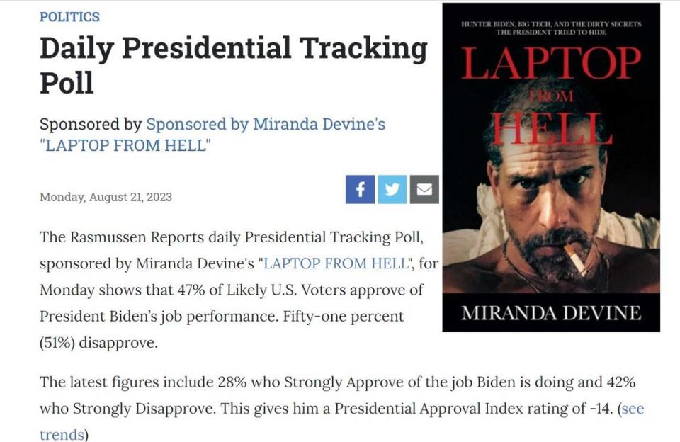 The presidential poll rating Joe Biden’s approval rating on a daily basis is sponsored by the book “Laptop from Hell,” with his son Hunter’s picture on the cover.