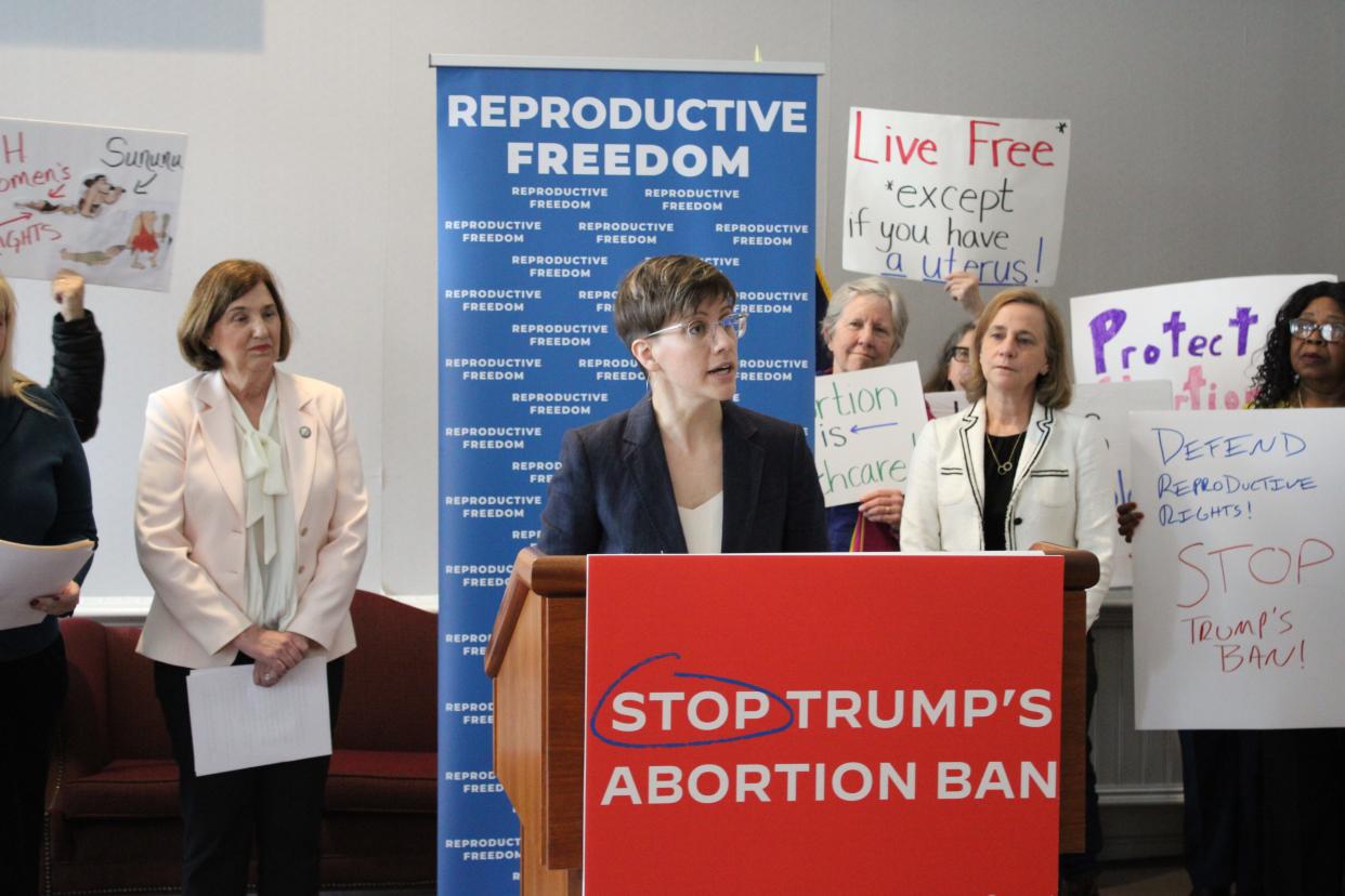 OB/GYN Dr. Maris Toland says mifepristone is not just an abortion pill, but a “crucial piece of medical treatment for early pregnancy loss or miscarriage," during a press conference Wednesday, April 10, 2024, in Concord.