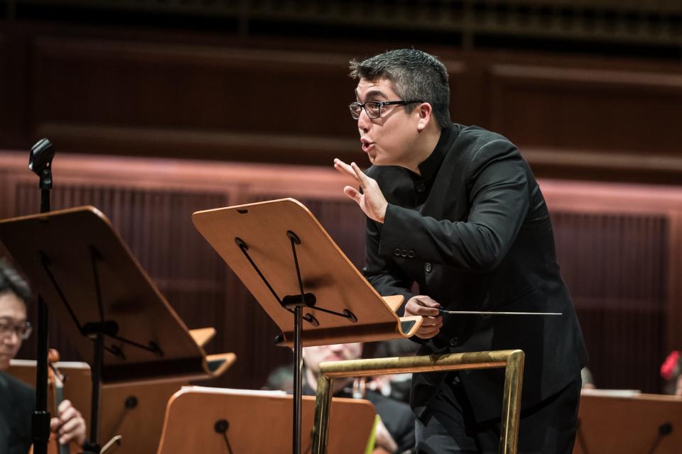 Milwaukee Symphony assistant conductor Ryan Tani leads the orchestra in a concert for school groups Oct. 26, 2023 at the Bradley Symphony Center.