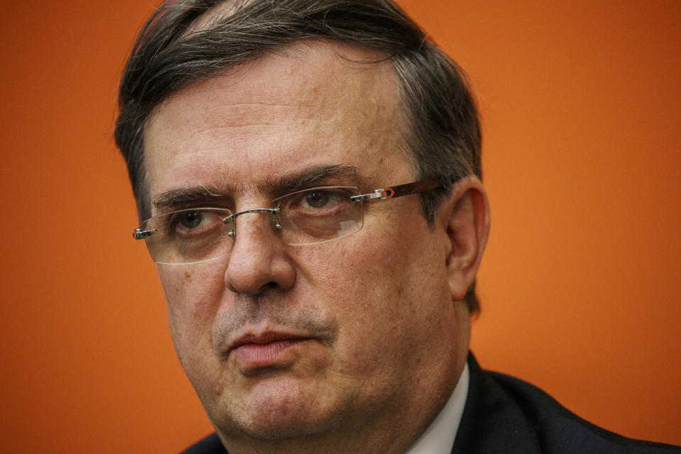 Marcelo Ebrard, Mexico's Secretary of Foreign Affairs, listens to a question during a news conference at the Embassy of Mexico, Wednesday June 5, 2019, in Washington. (AP Photo/Jacquelyn Martin)