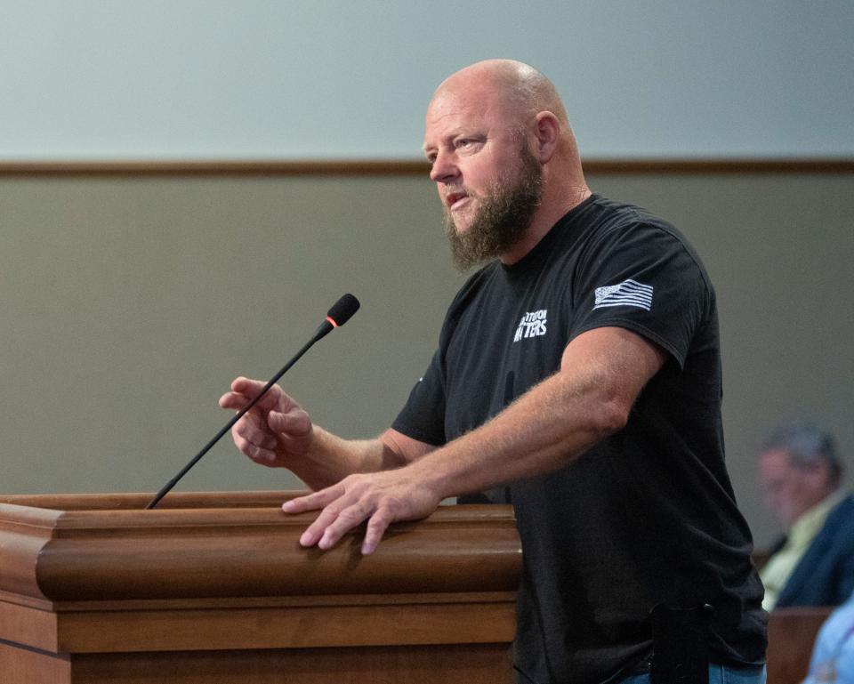 Larry Downs Jr. addresses the Escambia County Commission about reopening Pensacola beaches during a meeting April 28, 2020. On Thursday, the commission voted 4-1 to remove Downs from the board that oversees construction contractors working in Escambia County.