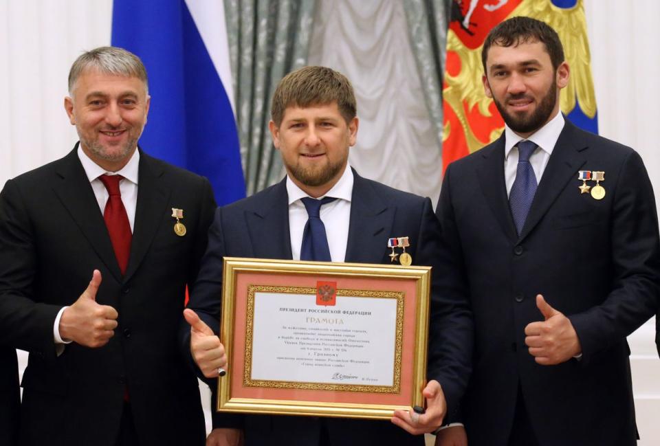 (L-R) Russian lawmaker Adam Delimkhanov, Chechen leader Ramzan Kadyrov and Magomed Daudov, head of the local council, attend a ceremony at the Kremlin in Moscow, Russia, on June 22, 2015. (Sasha Mordovets/Getty Images)