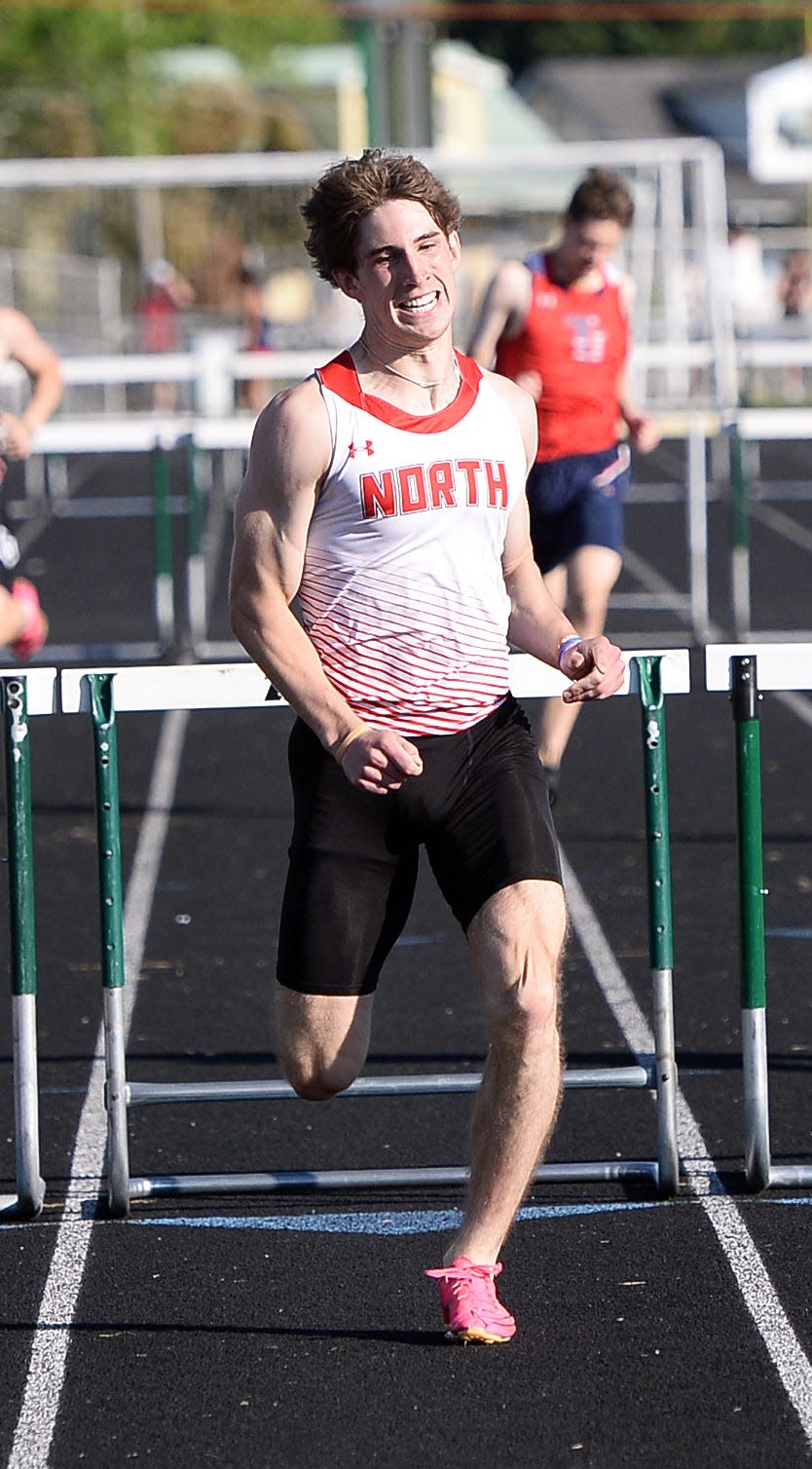 North Hagerstown's Ryder Johnston heads to the finish line to win the boys 300 hurdles in a personal-best time of 39.06 seconds at the CMC Large School Outdoor Track & Field Championships.