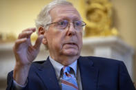 Senate Minority Leader Mitch McConnell of Ky., speaks during an interview with the Associated Press at his office in the Capitol, Monday, Nov. 6, 2023 in Washington. (AP Photo/Mark Schiefelbein)