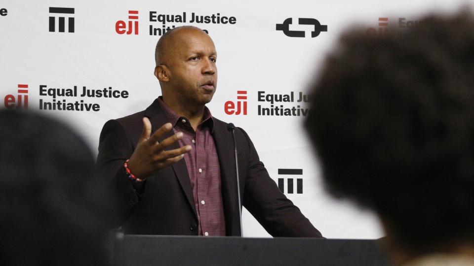 Bryan Stevenson speaks at a news conference in Montgomery, Ala., about the National Memorial for Peace and Justice in 2018.