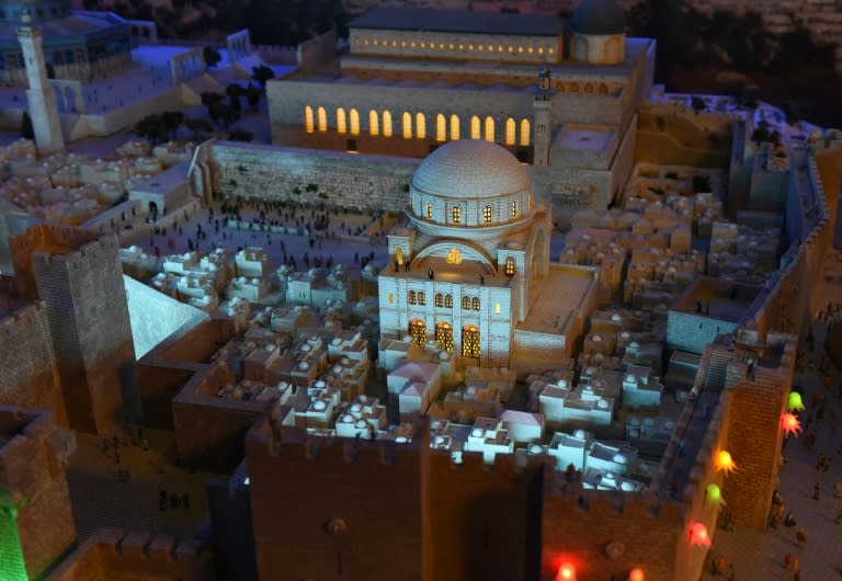 A miniature model of the Old City of Jerusalem and its walls, part of Gulliver’s Gate, a miniature world being recreated in a 49,000-square-foot exhibit space in Times Square, is seen during a preview April 10, 2017