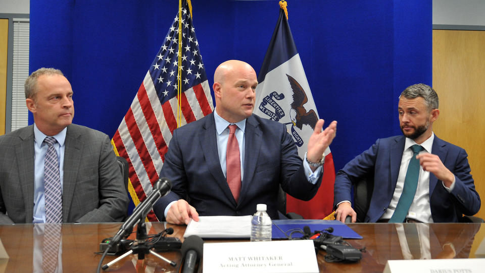 Whitaker spoke to state and local law enforcement on efforts to combat violent crime and the opioid crisis, on Nov. 14, 2018, in Des Moines, Iowa. (Photo: Steve Pope/Getty Images)