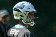 Carolina Panthers quarterback Bryce Young watches drills at the NFL football team's training camp on Wednesday, July 26, 2023, in Spartanburg, S.C. (AP Photo/Chris Carlson)