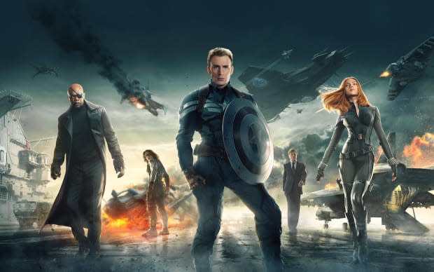 Samuel L. Jackson as Nick Fury, Sebastian Stan as Bucky/The Winter Soldier, Chris Evans as Steve Rogers/Captain America, Robert Redford as Alexander Pierce and Scarlett Johansson as Black Widow in "Captain America: The Winter Soldier"<p>Marvel Studios/Disney</p>