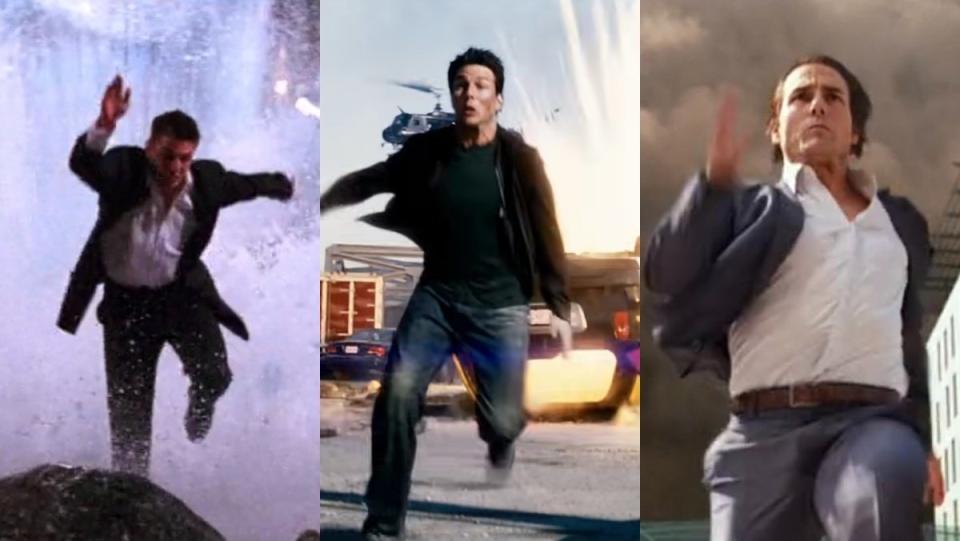 Three images of Tom Cruise's Ethan Hunt running from calamity in the Mission: Impossible franchise