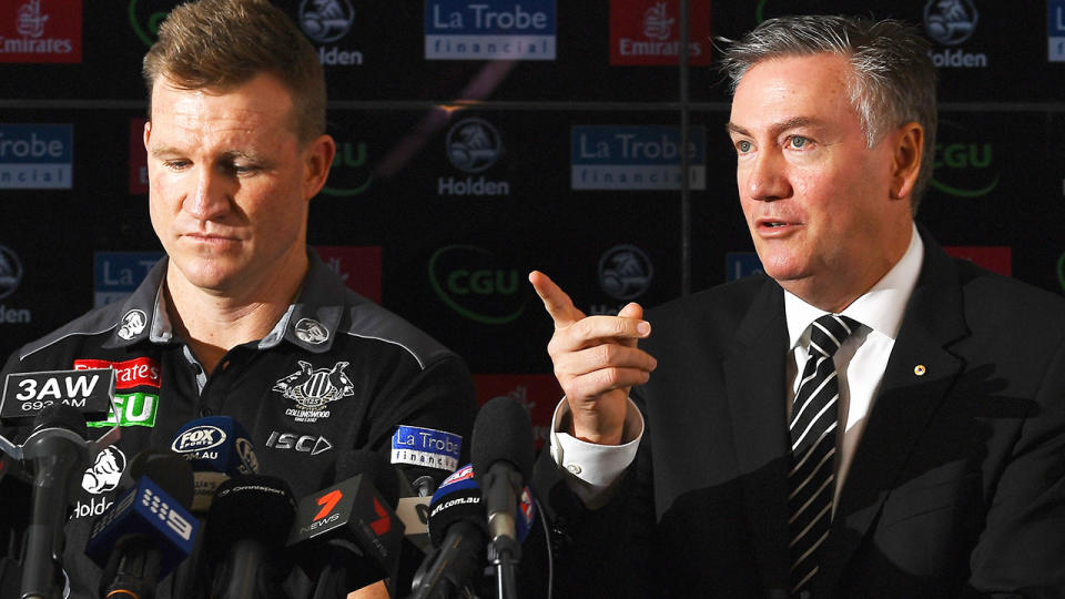 Nathan Buckley and Eddie McGuire are pictured side by side during a Collingwood Magpies press conference.