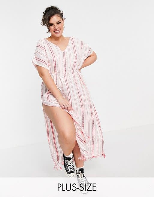 Midi Smock Dress with Tie Waist in Pink Stripe