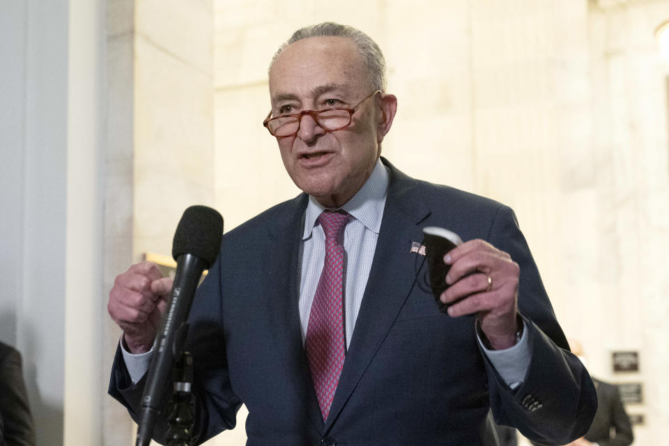 Senate Majority Leader Chuck Schumer, D-NY, speaks to the media after Senate Democrats met privately with President Joe Biden, Thursday, Jan. 13, 2022, on Capitol Hill in Washington. ( AP Photo/Jose Luis Magana)