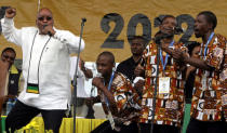 FILE PHOTO: The new head of South Africa's ruling ANC, Jacob Zuma , is joined by a choir as he sings during the celebration of the African National Congress' (ANC) 96th Anniversary in Atteridgeville, Pretoria, January 12 2008. REUTERS/Siphiwe Sibeko /File Photo