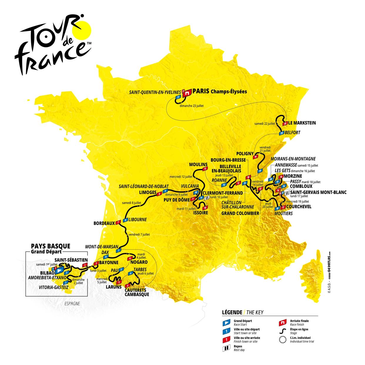 Tour de France 2023 route on the map of France 